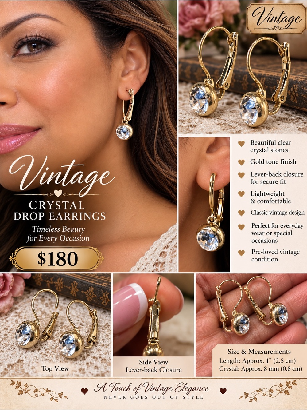 Vintage Goldtoned Crystal Drop Earrings - Clear